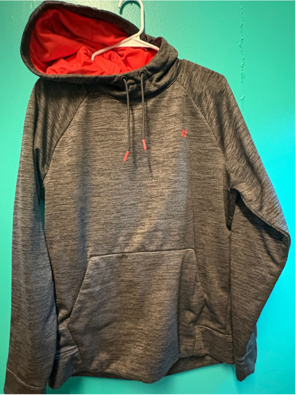 Men's Russell Tech Fleece Hoodie Grey Red Size M